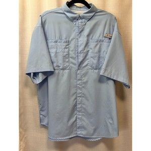 COLUMBIA PFG Mens Fishing Shirt Blue Vented Rod Holder Sunglass Loop L 31/C24.5